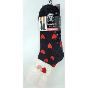 Women's Warm Thermal Fuzzy Slipper Socks - Black/Red Hearts Design